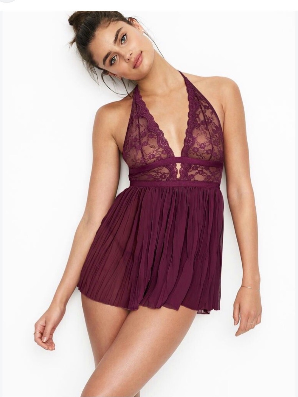 Victoria's Secret Babydoll Gown Womens Large Purple Lace Pleated Lingerie